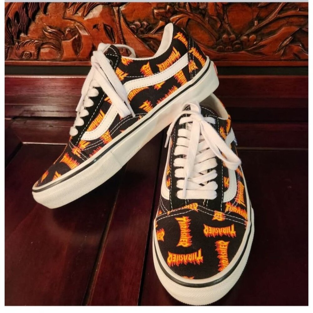 Vans X Thrasher Flame Logo Old Skool Skate Shoes Black/White US Size 7.5 Men's